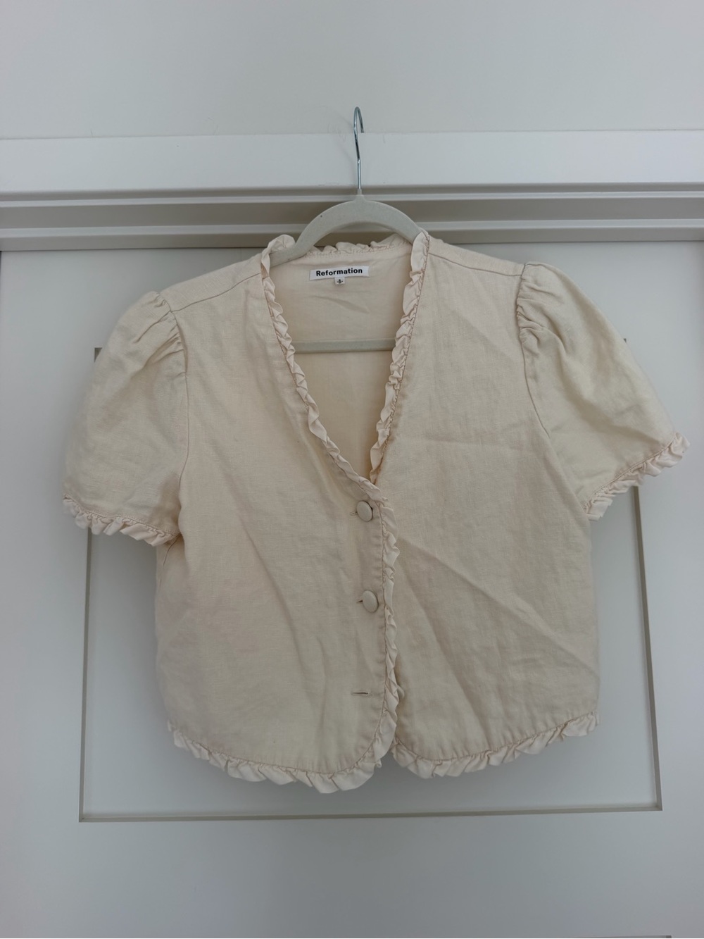 Reformation Cream Ruffle-Trim Button Front Top